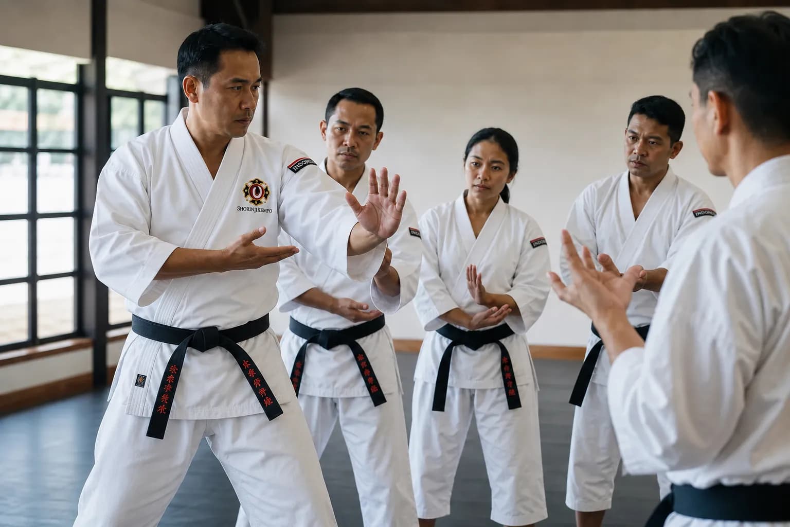 Pelatih Shorinji Kempo membimbing posisi tangan peserta dalam sesi kelompok kecil.