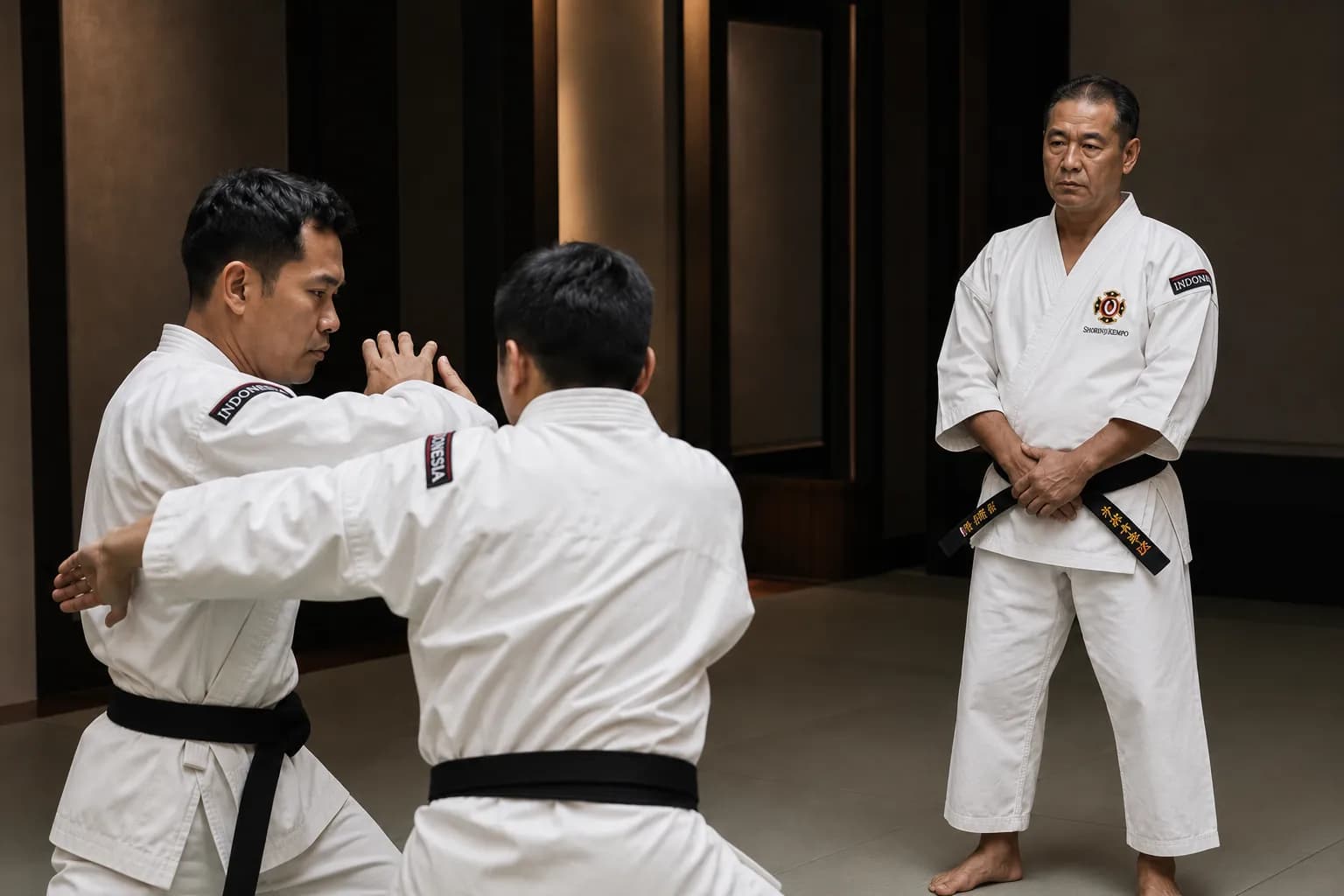 Penguji mengamati demonstrasi teknik Shorinji Kempo berpasangan dengan saksama.