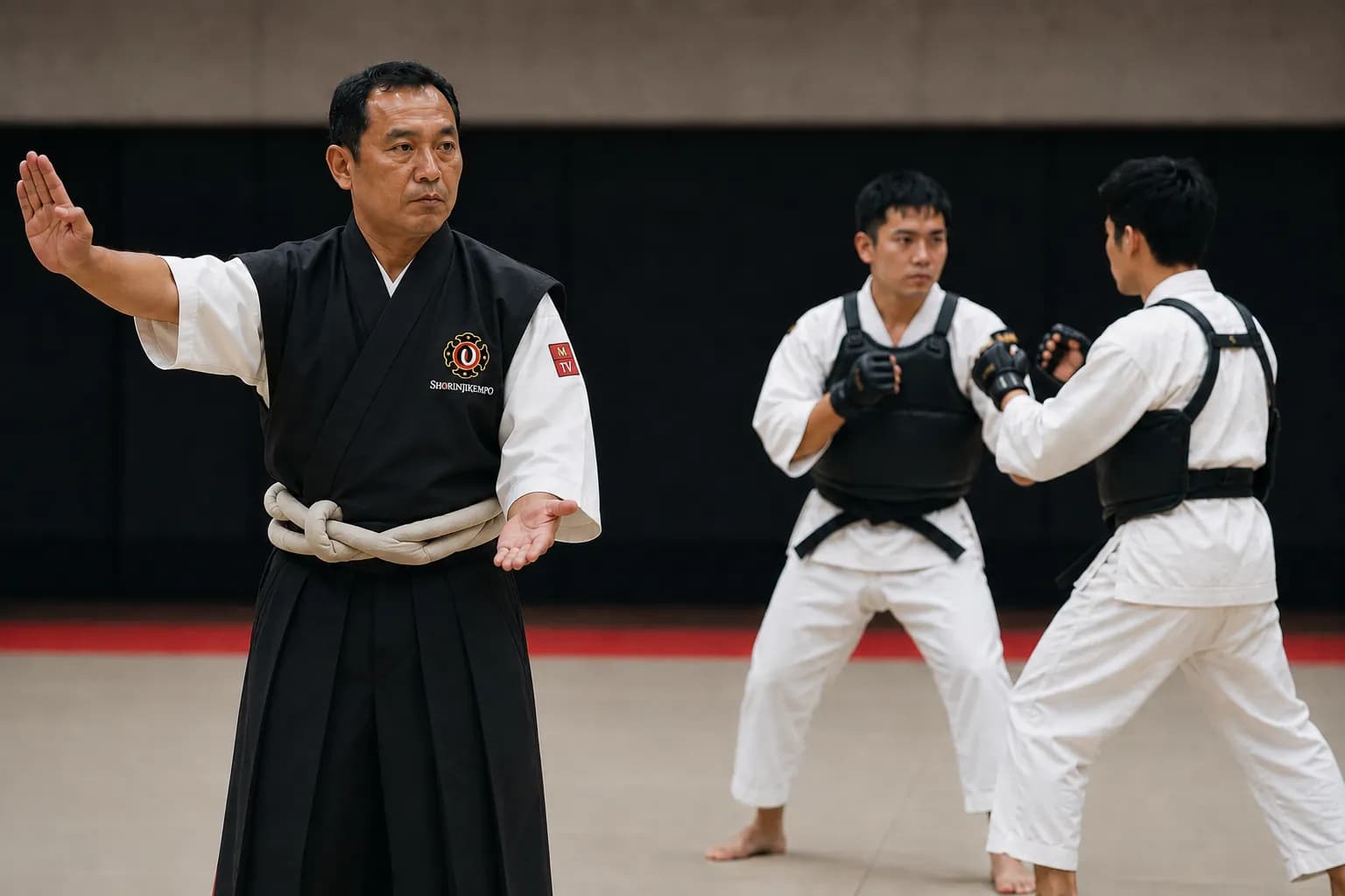 Wasit Shorinji Kempo memimpin latihan pertandingan dengan sikap tenang dan profesional.