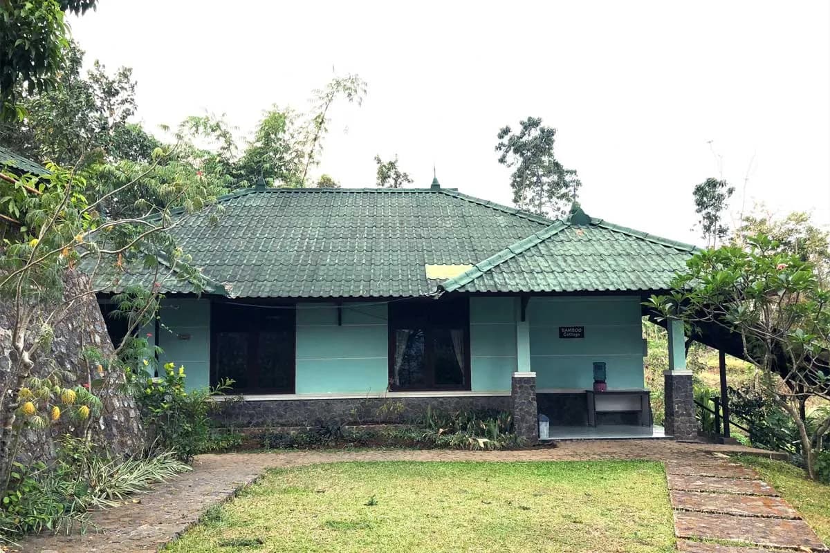Bamboo Cottage beratap genteng hijau dengan dinding hijau muda, teras terbuka, dan halaman rumput di depannya.