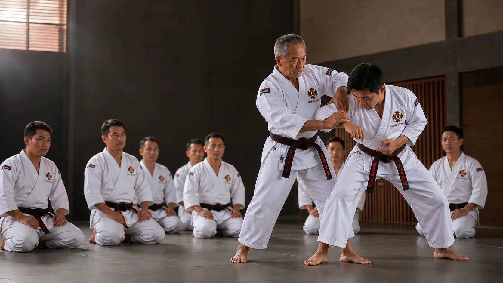 Instruktur Shorinji Kempo membimbing latihan teknik berpasangan di hadapan para peserta.